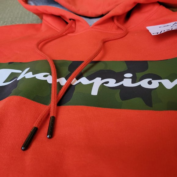 Champion Powerblend Fleece Camo Camouflage Orange Hoodie Sweatshirt Script Logo - Picture 10 of 15
